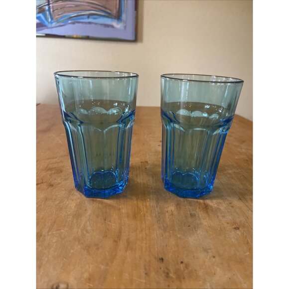 Set of 2 IKEA  Teal Glass Tumbler 9 Panel 20774 Made in Russia 5.5 inch No Chips - Picture 1 of 5